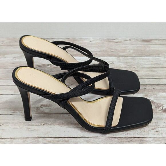 Womens Size US 7 Black Cream Open Toe Slip On Stiletto Strappy Heels - Picture 1 of 10